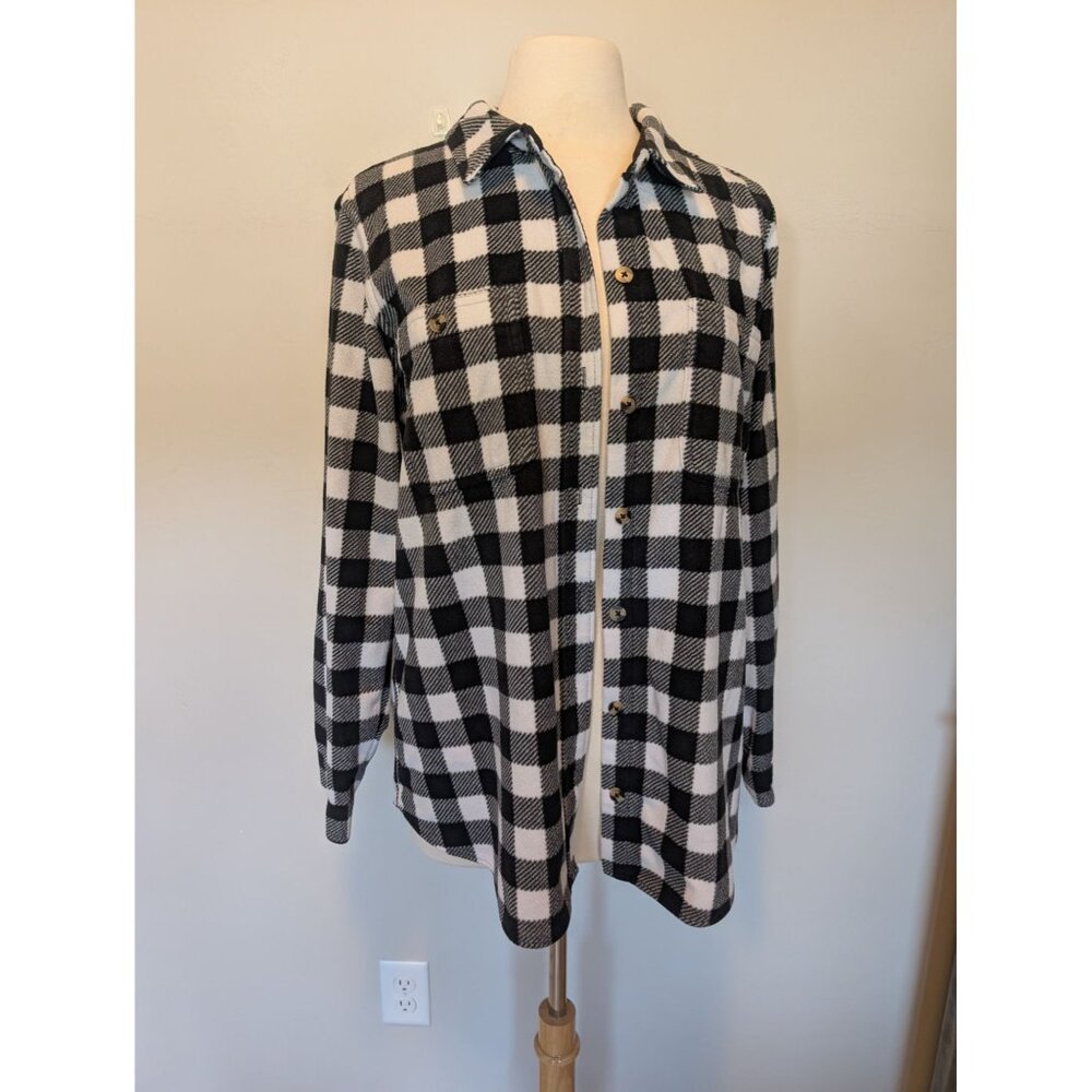 Time And Tru Womens XXL Plaid Button-Up Fleece Shirt Black & White